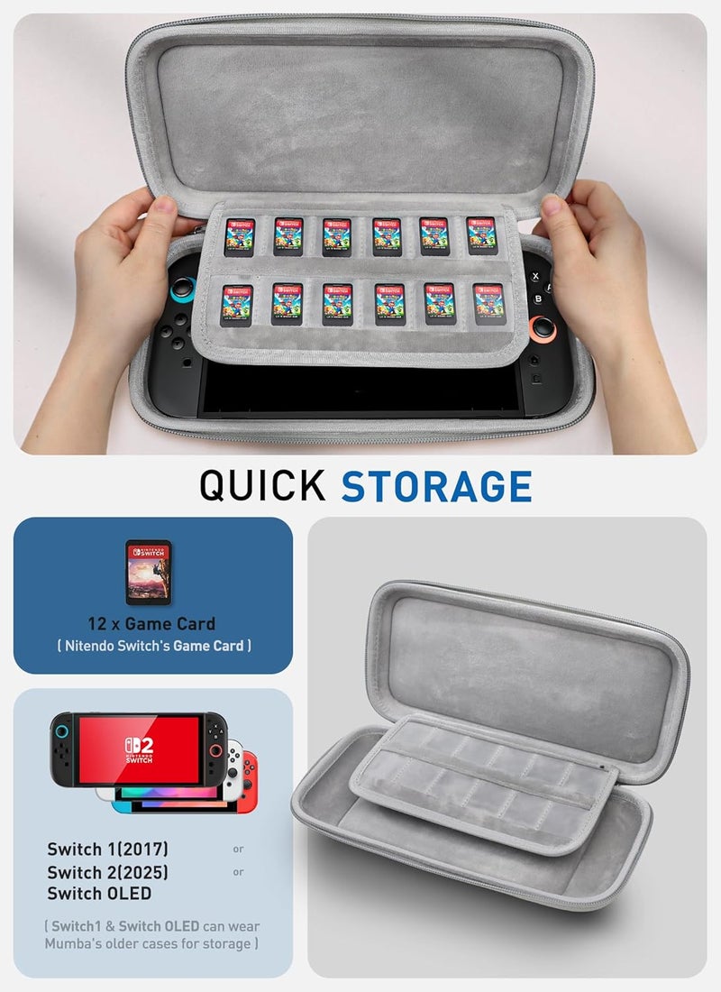 Mumba Slim Carrying Case for Nintendo Switch 2 2025, Hard Shell Protective Carry Bag with 12 Game Cart Slot, Light weight and Portable Travel Case with Dual Zipper and Wrist Strap (Gray) - Image 2
